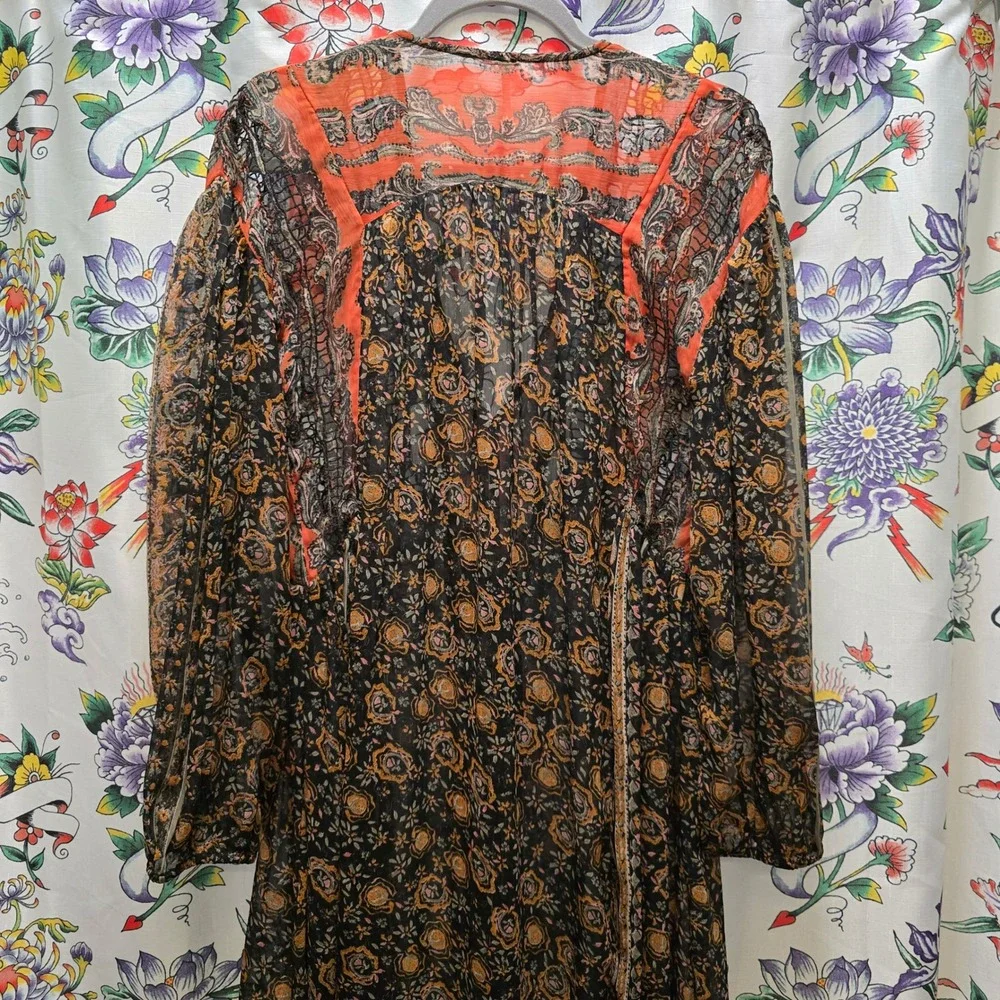 Free People Boho Paisley‎ Floral Sheer Maxi Dress Orange Black Long Sleeve XS
